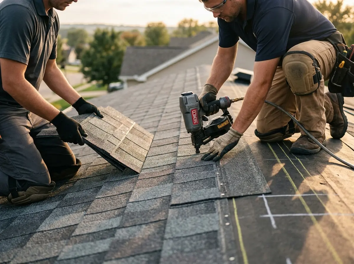 Professional roofer working on a residential roof in Douglas